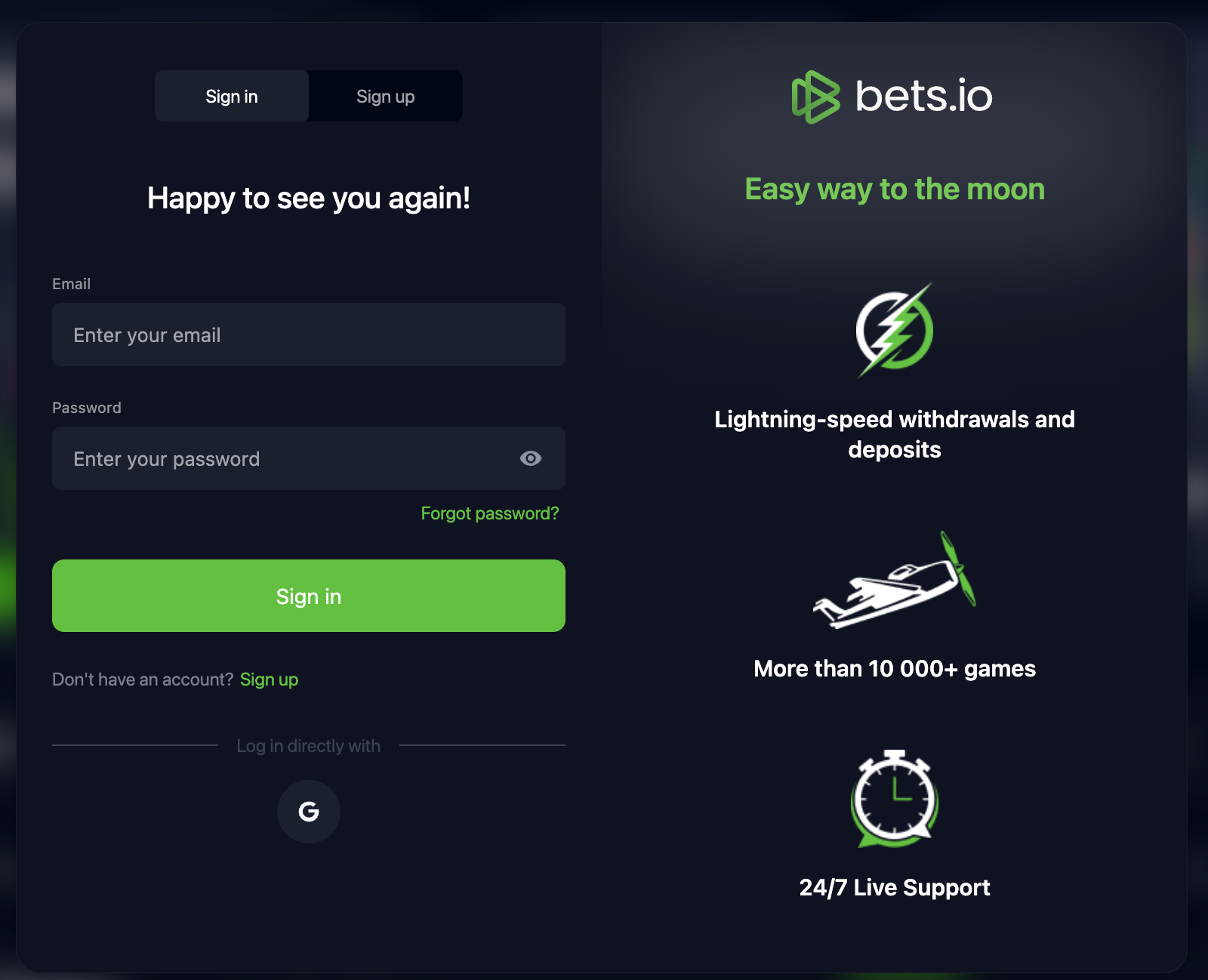 Betsio login screenshot
