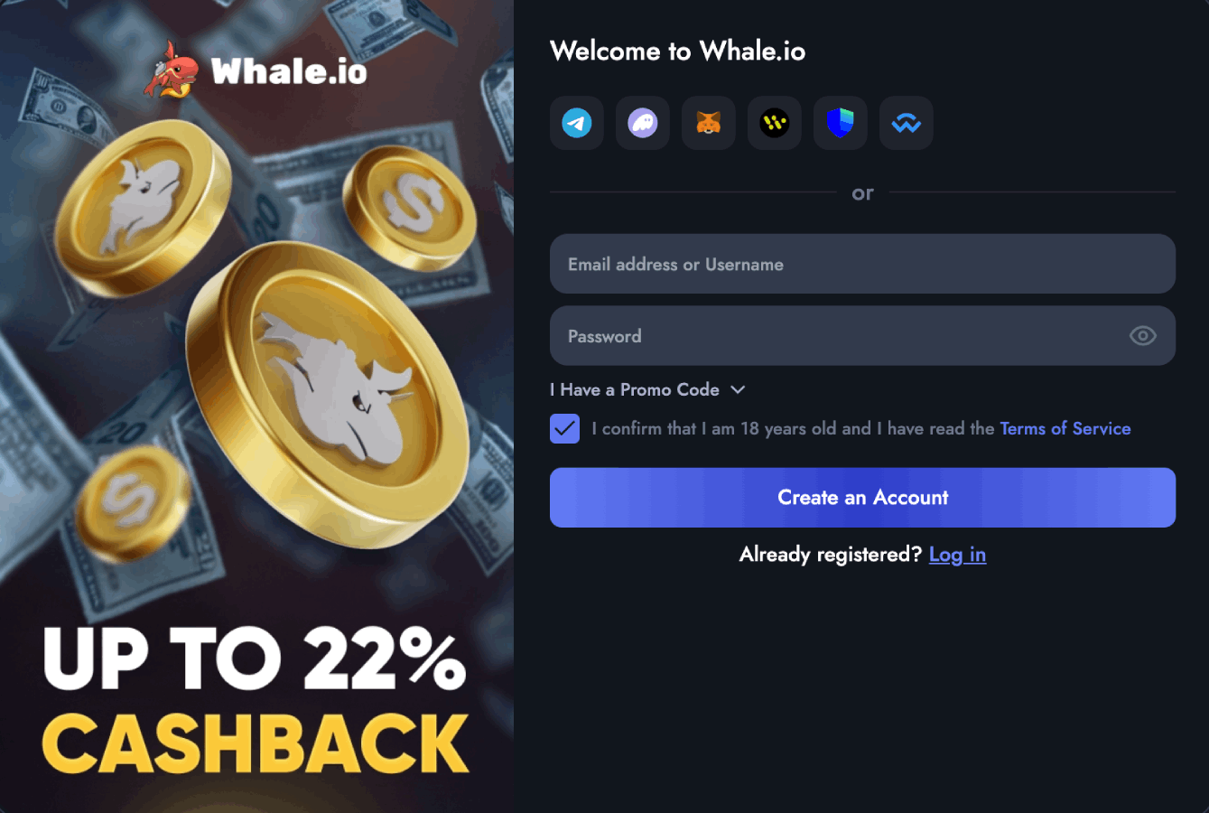 Whale signup screenshot